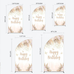 Lofaris Elegant Boho Happy Birthday Half Moon Arch Backdrop with Pampas Grass Roses and Butterflies