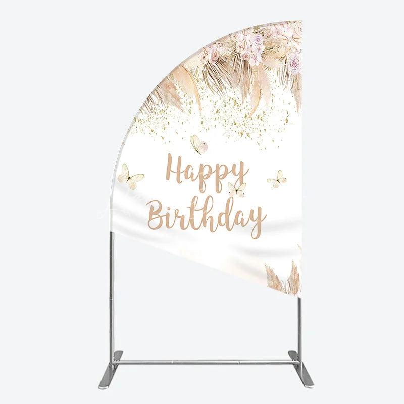 Lofaris Elegant Boho Happy Birthday Half Moon Arch Backdrop with Pampas Grass Roses and Butterflies