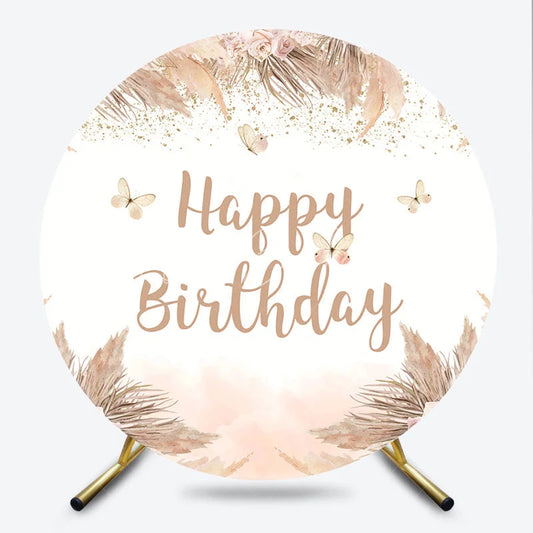 Lofaris Elegant Boho Happy Birthday Round Backdrop featuring Pampas Grass Blush Roses and Gold Glitter Butterflies.