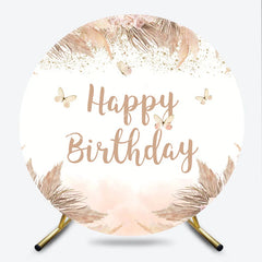 Lofaris Elegant Boho Happy Birthday Round Backdrop featuring Pampas Grass Blush Roses and Gold Glitter Butterflies.