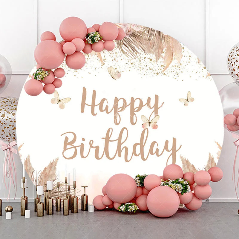 Lofaris Elegant Boho Happy Birthday Round Backdrop featuring Pampas Grass Blush Roses and Gold Glitter Butterflies.