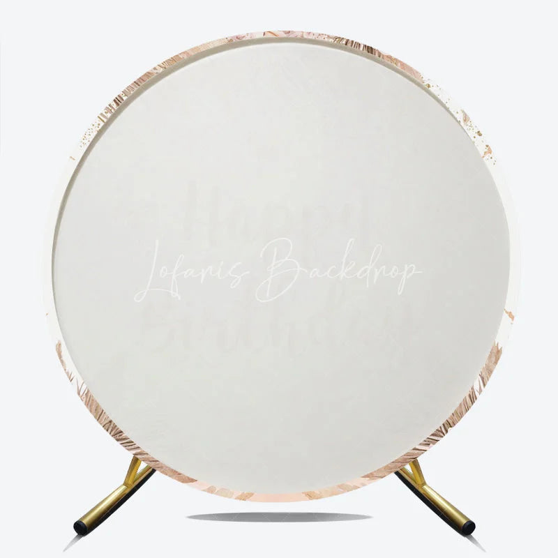 Lofaris Elegant Boho Happy Birthday Round Backdrop featuring Pampas Grass Blush Roses and Gold Glitter Butterflies.