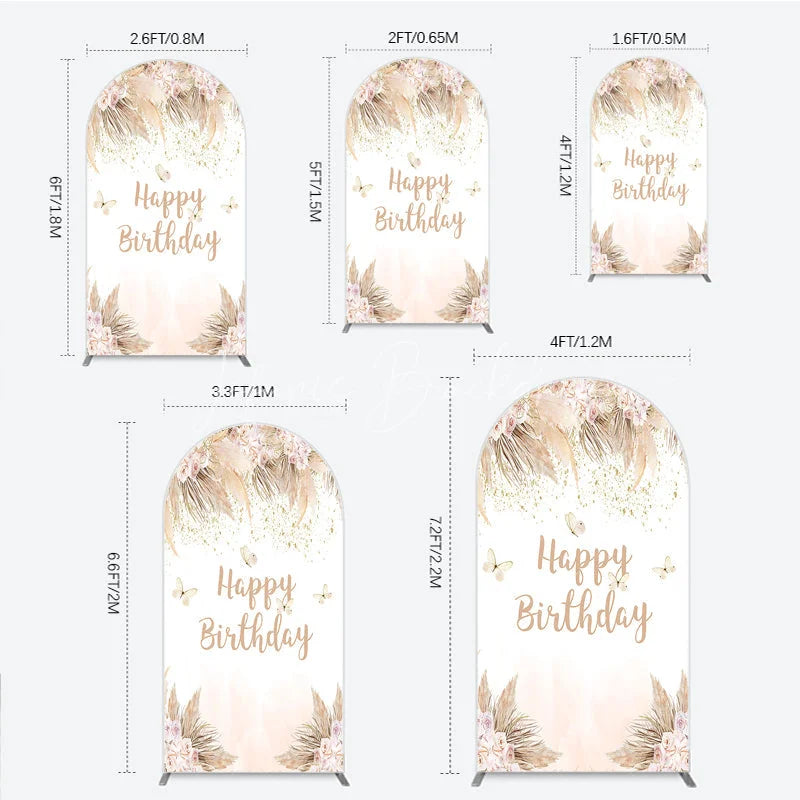 Lofaris Elegant Boho Pink Floral Happy Birthday Round Top Arch Backdrop featuring Pampas Grass and Gold Glitter