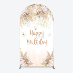 Lofaris Elegant Boho Pink Floral Happy Birthday Round Top Arch Backdrop featuring Pampas Grass and Gold Glitter