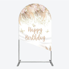 Lofaris Elegant Boho Pink Floral Happy Birthday Round Top Arch Backdrop featuring Pampas Grass and Gold Glitter