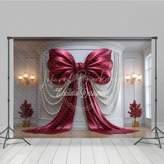 Lofaris Elegant Burgundy Bow and Pearl Photography Backdrop Luxury Wedding Party Decor