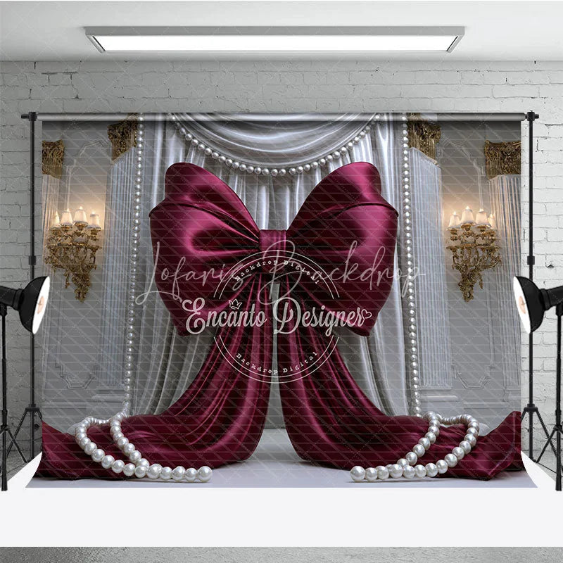 Lofaris Elegant Burgundy Bow with White Drapes and Gold Accents Photography Backdrop Pearl Embellishments for Celebrations