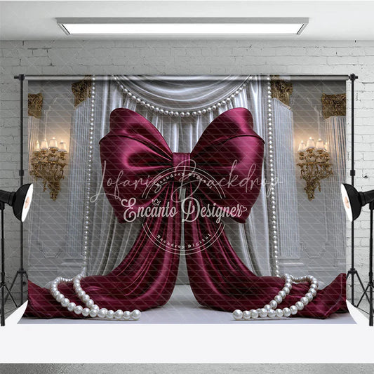 Lofaris Elegant Burgundy Bow with White Drapes and Gold Accents Photography Backdrop Pearl Embellishments for Celebrations