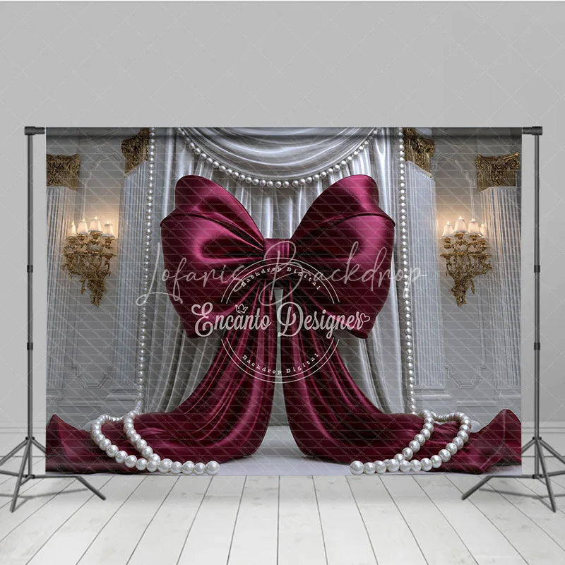 Lofaris Elegant Burgundy Bow with White Drapes and Gold Accents Photography Backdrop Pearl Embellishments for Celebrations