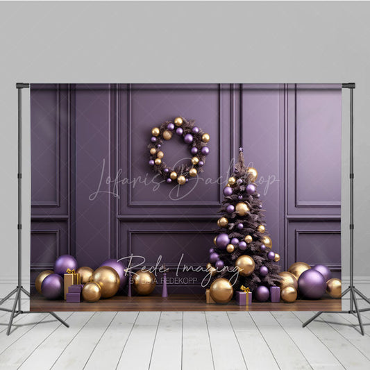 Lofaris Elegant Christmas and Floor Combo Set Backdrop Purple Gold Ornaments with Xmas Tree Holiday Photo Prop