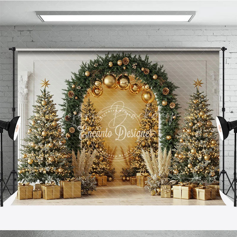 Lofaris Elegant Christmas Arch Photography Backdrop Gold Ornaments with Pampas Grass Modern Holiday Photo Background