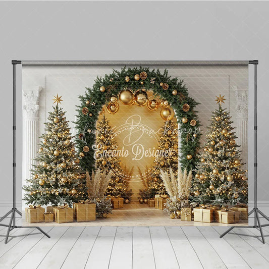 Lofaris Elegant Christmas Arch Photography Backdrop Gold Ornaments with Pampas Grass Modern Holiday Photo Background