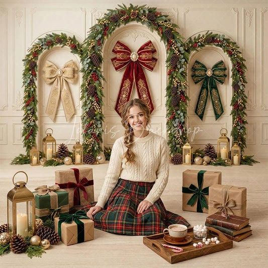 Lofaris Elegant Christmas Arches with Festive Garlands and Red Green Gold Bows Combo Set Backdrop Holiday Party Decor