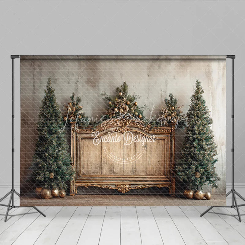 Lofaris Elegant Christmas Backdrop Vintage Gold Bench with Xmas Trees Rustic Farmhouse Holiday Photo Booth Props