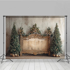 Lofaris Elegant Christmas Backdrop Vintage Gold Bench with Xmas Trees Rustic Farmhouse Holiday Photo Booth Props