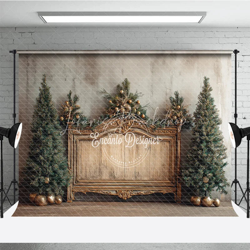 Lofaris Elegant Christmas Backdrop Vintage Gold Bench with Xmas Trees Rustic Farmhouse Holiday Photo Booth Props