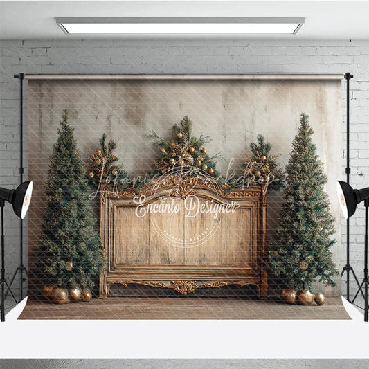Lofaris Elegant Christmas Backdrop Vintage Gold Bench with Xmas Trees Rustic Farmhouse Holiday Photo Booth Props