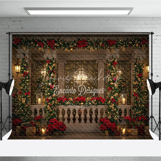 Lofaris Elegant Christmas Balcony Photography Backdrop Columns with Poinsettia Garland Holiday Fairy Lights Photo Background