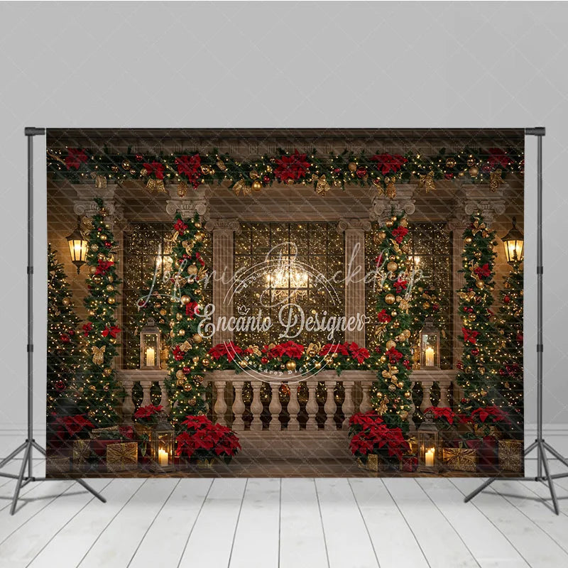 Lofaris Elegant Christmas Balcony Photography Backdrop Columns with Poinsettia Garland Holiday Fairy Lights Photo Background