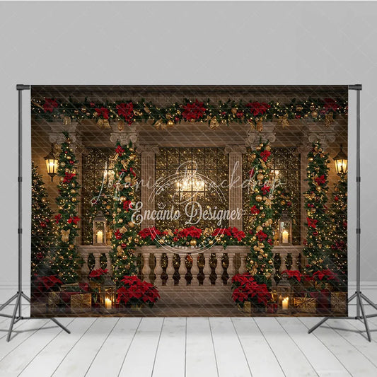 Lofaris Elegant Christmas Balcony Photography Backdrop Columns with Poinsettia Garland Holiday Fairy Lights Photo Background