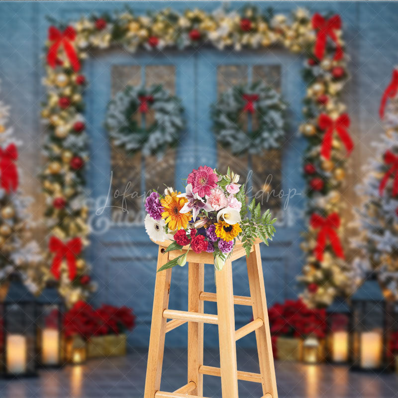 Lofaris Elegant Christmas Door Photography Backdrop Blue in Snow with Garland Winter Holiday Photo Background