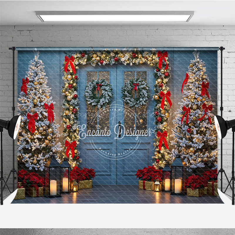 Lofaris Elegant Christmas Door Photography Backdrop Blue in Snow with Garland Winter Holiday Photo Background