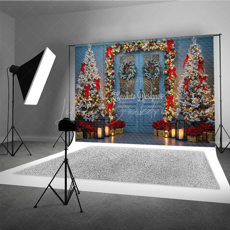Lofaris Elegant Christmas Door Photography Backdrop Blue in Snow with Garland Winter Holiday Photo Background