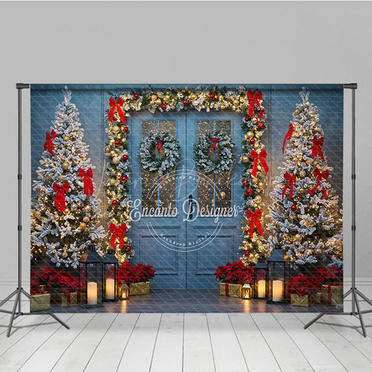 Lofaris Elegant Christmas Door Photography Backdrop Blue in Snow with Garland Winter Holiday Photo Background
