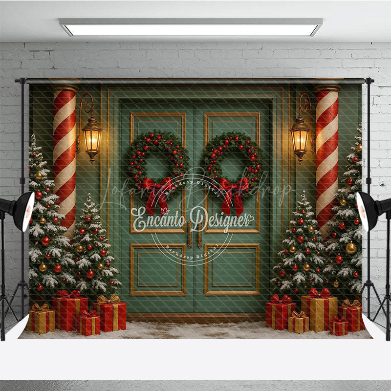 Lofaris Elegant Christmas Door Photography Backdrop Candy Cane Columns with Trees Holiday Front Porch Photo Background