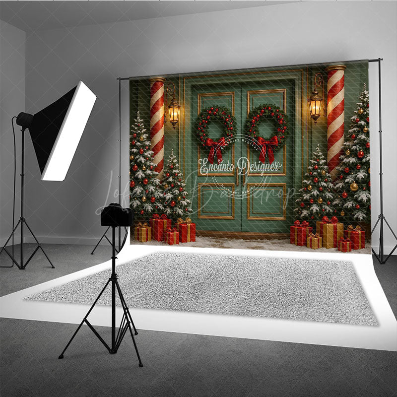 Lofaris Elegant Christmas Door Photography Backdrop Candy Cane Columns with Trees Holiday Front Porch Photo Background