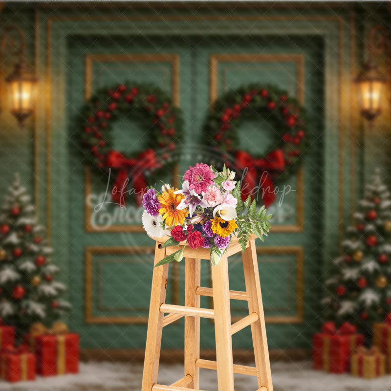 Lofaris Elegant Christmas Door Photography Backdrop Candy Cane Columns with Trees Holiday Front Porch Photo Background