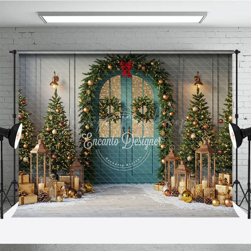 Lofaris Elegant Christmas Door Photography Backdrop Garland and Lanterns in Snow Holiday Mini Session Background