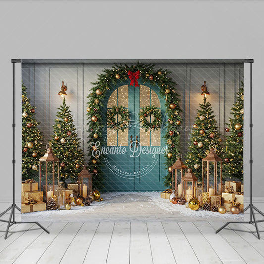 Lofaris Elegant Christmas Door Photography Backdrop Garland and Lanterns in Snow Holiday Mini Session Background