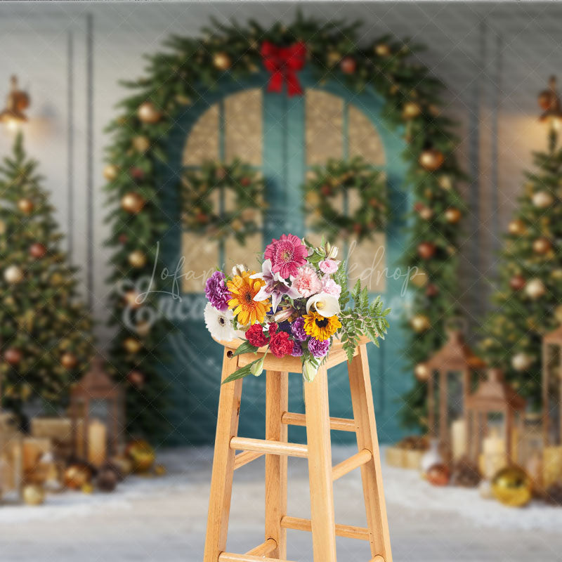 Lofaris Elegant Christmas Door Photography Backdrop Garland and Lanterns in Snow Holiday Mini Session Background