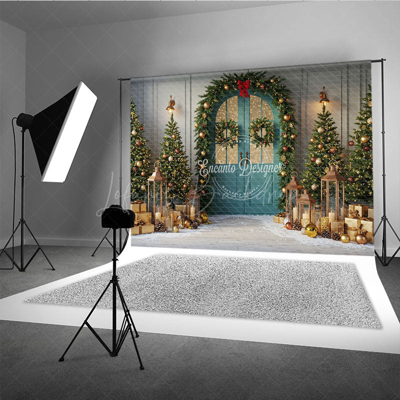 Lofaris Elegant Christmas Door Photography Backdrop Garland and Lanterns in Snow Holiday Mini Session Background