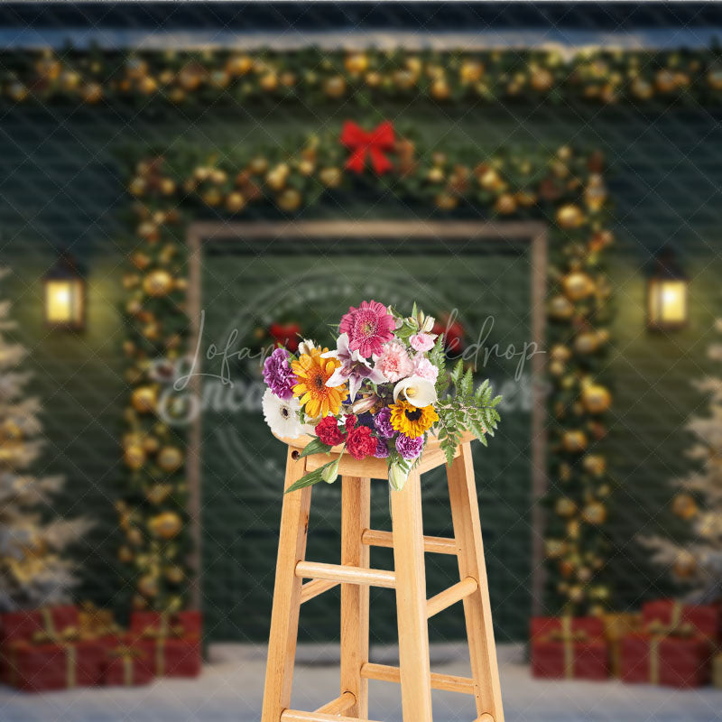 Lofaris Elegant Christmas Door Photography Backdrop Green with Gold Garland Snowy Holiday Photo Background