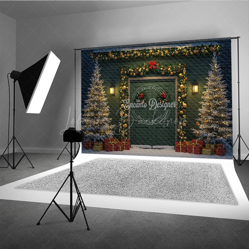 Lofaris Elegant Christmas Door Photography Backdrop Green with Gold Garland Snowy Holiday Photo Background
