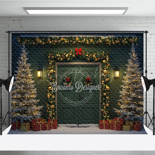 Lofaris Elegant Christmas Door Photography Backdrop Green with Gold Garland Snowy Holiday Photo Background