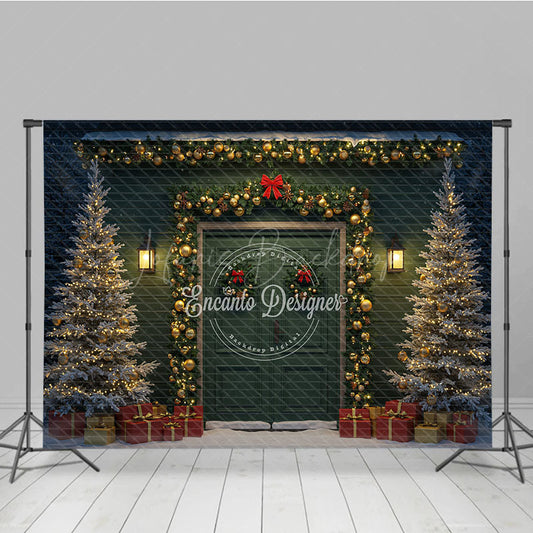 Lofaris Elegant Christmas Door Photography Backdrop Green with Gold Garland Snowy Holiday Photo Background