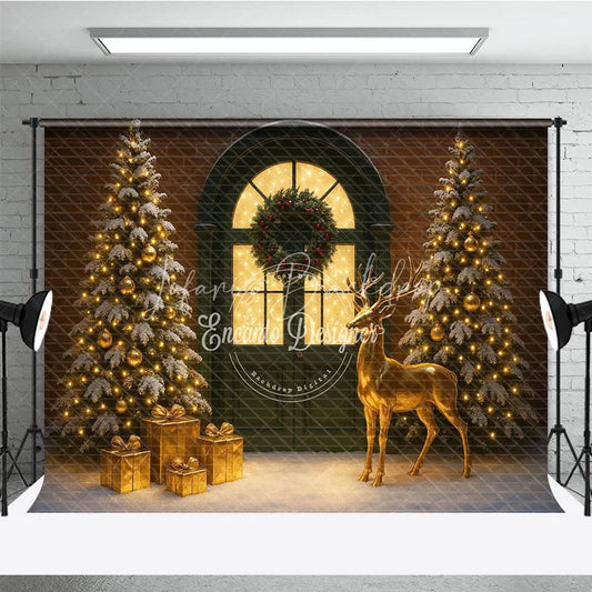 Lofaris Elegant Christmas Door Photography Backdrop Green with Gold Reindeer Snowy Holiday Mini Session Background
