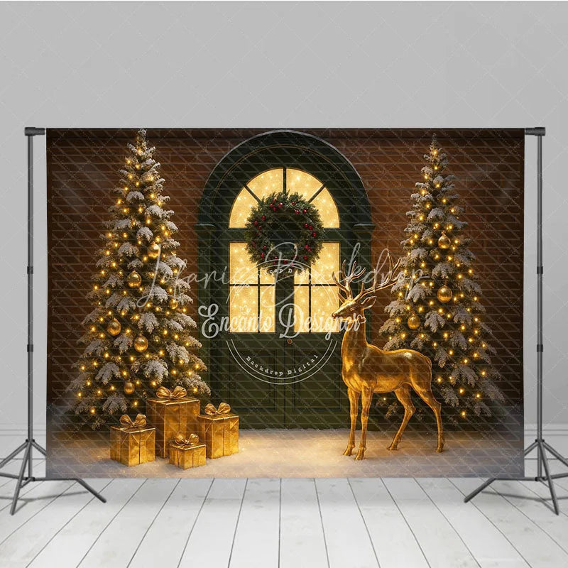 Lofaris Elegant Christmas Door Photography Backdrop Green with Gold Reindeer Snowy Holiday Mini Session Background