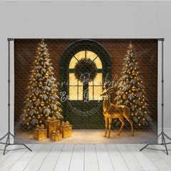 Lofaris Elegant Christmas Door Photography Backdrop Green with Gold Reindeer Snowy Holiday Mini Session Background