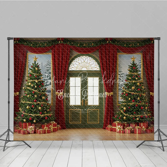 Lofaris Elegant Christmas Door Photography Backdrop Green with Red Curtains Classic Holiday Photo Background