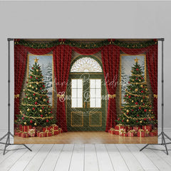 Lofaris Elegant Christmas Door Photography Backdrop Green with Red Curtains Classic Holiday Photo Background
