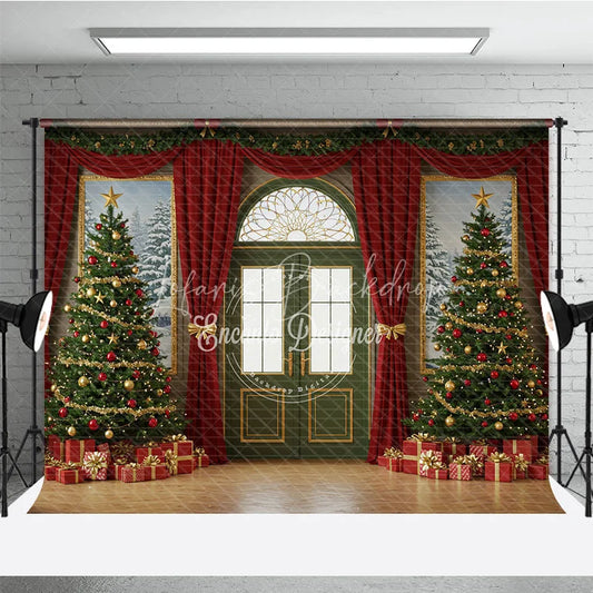 Lofaris Elegant Christmas Door Photography Backdrop Green with Red Curtains Classic Holiday Photo Background