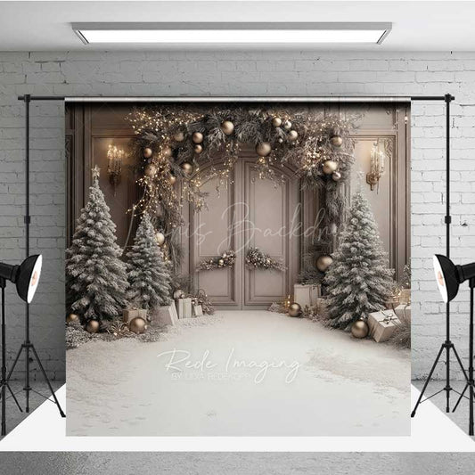 Lofaris Elegant Christmas Doorway Photography Backdrop Frosted Trees and Gifts in Snow Silver Gold Holiday Decor Prop