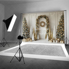 Lofaris Elegant Christmas Doorway Photography Backdrop Gold Garland Arch with Flocked Trees Classic Holiday Photo Background