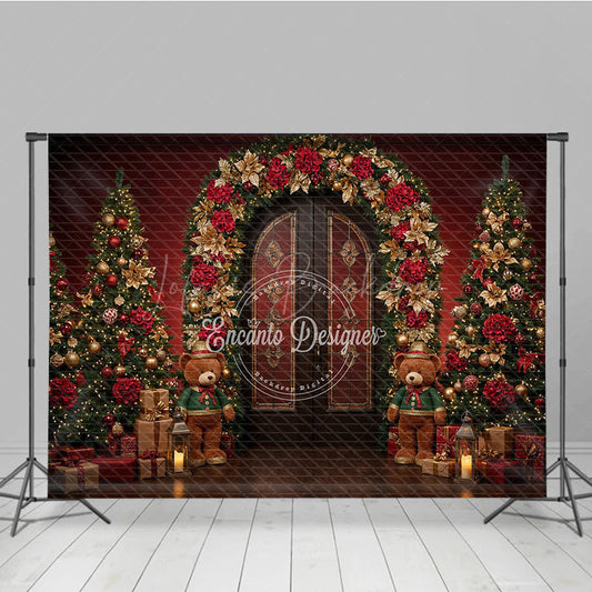 Lofaris Elegant Christmas Doorway Photography Backdrop Red and Gold Poinsettia Arch Holiday Photo Background with Bears