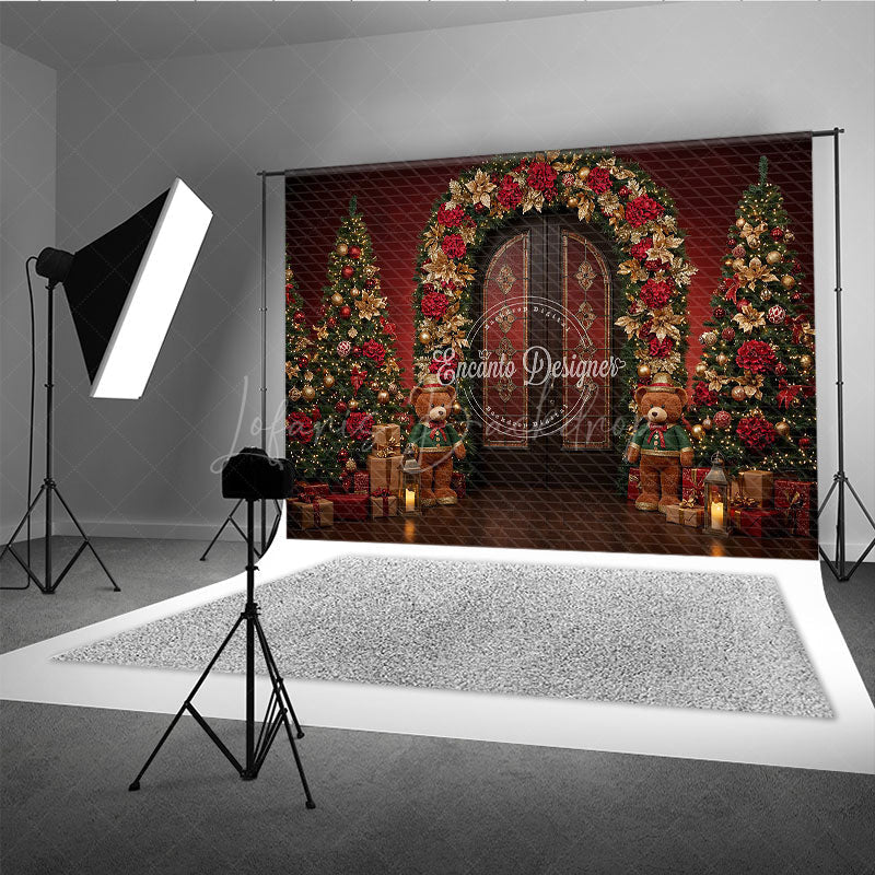 Lofaris Elegant Christmas Doorway Photography Backdrop Red and Gold Poinsettia Arch Holiday Photo Background with Bears