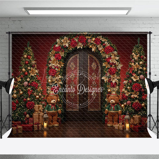 Lofaris Elegant Christmas Doorway Photography Backdrop Red and Gold Poinsettia Arch Holiday Photo Background with Bears